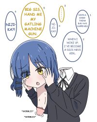 Rule 34 | 1girl, black jacket, blue hair, bocchi the rock!, disembodied head, dullahan, english text, hair ornament, hairclip, hands on own cheeks, hands on own face, jacket, jbxpism, misplaced genitals, penis neck, pixiv, shirt, solo, speech bubble, uncensored, what, white shirt, yamada ryo, yellow eyes