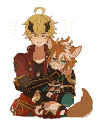 Rule 34 | 2boys, ahoge, animal ears, armor, black gloves, blonde hair, blue eyes, blush, brown hair, closed eyes, closed mouth, cropped torso, crossed arms, dog ears, dog tags, dog tail, fake horns, fingerless gloves, genshin impact, gloves, gorou (genshin impact), hair between eyes, hair ornament, headband, horned headwear, horns, iwashi (iwashi008), japanese armor, japanese clothes, male focus, multiple boys, simple background, smile, sweat, tail, thoma (genshin impact), upper body, wavy mouth, white background, white hair