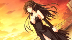 Rule 34 | 1girl, bare shoulders, black dress, black hair, blush, breasts, clenched hand, cloud, collarbone, detached sleeves, dress, dutch angle, elf, female focus, fence, fuu (suzukaze no melt), game cg, long hair, maikaze no melt, neck, pointy ears, red eyes, sky, smile, solo, strapless, strapless dress, sunset, tenmaso, whirlpool