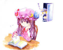Rule 34 | 2girls, blonde hair, book, braid, female focus, hat, kirisame marisa, long hair, multiple girls, musical note, open book, painting (medium), patchouli knowledge, purple hair, reading, shiroaisa, sigh, touhou, traditional media, watercolor (medium), witch, witch hat