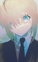 Rule 34 | 1girl, ahoge, amemasu79, artoria pendragon (all), artoria pendragon (fate), black necktie, blonde hair, blue eyes, close-up, collared shirt, expressionless, fate/zero, fate (series), formal, grey background, looking at viewer, medium hair, necktie, ponytail, saber (fate), shirt, simple background, solo, suit