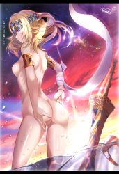 Rule 34 | 1girl, absurdres, armlet, ass, back, blonde hair, blue eyes, blush, breasts, constellation, diadem, fate/grand order, fate (series), female pubic hair, gemini (constellation), gradient sky, highres, lens flare, looking at viewer, medium breasts, medium hair, muni nuren, nipples, nude, open mouth, pollux (fate), pubic hair, pussy, shoulder blades, sky, solo, star (sky), starry sky, sunset, sword, thighs, twilight, wading, water, water drop, weapon