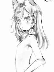 Rule 34 | 1girl, nanashi inc., animal ears, animare, bad id, bad pixiv id, bandana, blush, braid, breasts, closed mouth, from side, greyscale, highres, long hair, looking at viewer, looking to the side, monochrome, nanashi (nlo), nipples, nude, shiromiya mimi, side braids, simple background, small breasts, solo, virtual youtuber, white background