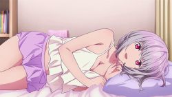 Rule 34 | 1girl, bare shoulders, bed, breasts, cleavage, gridman universe, highres, looking at viewer, lying, medium breasts, official art, on side, open mouth, pillow, purple hair, red eyes, shinjou akane, short hair, smile, solo, ssss.gridman, tagme