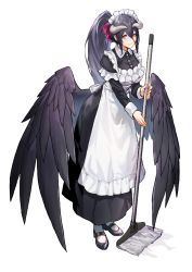 Rule 34 | 1girl, albedo (overlord), alternate costume, alternate hairstyle, apron, black footwear, black wings, blush, bow, breasts, broom, collared dress, dress, enmaided, frills, hair bow, highres, holding, holding broom, horns, large breasts, long hair, long sleeves, looking at viewer, maid, maid apron, maid headdress, overlord (maruyama), ponytail, red bow, shoes, simple background, smile, solo, tsugu0302, white apron, white background, wings