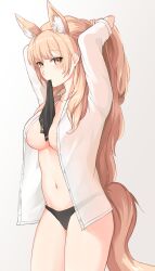 1girl animal_ear_fluff animal_ears arknights arms_up black_panties blemishine_(arknights) blonde_hair breasts commentary_request cowboy_shot grey_background hands_in_own_hair highres long_hair long_sleeves looking_at_viewer medium_breasts mouth_hold navel neti_(cpu11151) open_clothes open_shirt panties see-through_clothes see-through_shirt shirt solo standing tail tying_hair underwear white_shirt yellow_eyes