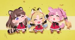 Rule 34 | 3girls, ;), ^ ^, ahoge, animal ears, anyoji hime, arm up, bak pep, black bow, black gloves, blonde hair, blue hair, blunt bangs, blush stickers, bow, brown hair, chibi, chibi only, closed eyes, closed mouth, commentary, confetti, dog ears, dog girl, dog tail, dress, drop shadow, elbow gloves, fang, fox ears, fox girl, fox tail, fujishima megumi, gloves, gradient hair, hair bow, hashtag-only commentary, highres, kemonomimi mode, light blue hair, link! like! love live!, long hair, looking at another, love live!, mira-cra park!, miracreation, multi-tied hair, multicolored hair, multiple girls, no lineart, official alternate costume, one eye closed, open mouth, orange hair, osawa rurino, outstretched arms, parted bangs, pink hair, ponytail, purple eyes, raccoon ears, raccoon girl, raccoon tail, red dress, round teeth, sidelocks, sleeveless, sleeveless dress, smile, split mouth, spread arms, striped bow, swept bangs, tail, teeth, twintails, two side up, upper teeth only, virtual youtuber, yellow background