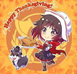 Rule 34 | 1girl, boots, cape, chibi, commentary, english text, food, hat, highres, iesupa, ruby rose, rwby, thanksgiving, turkey (food), welsh corgi, zwei (rwby)