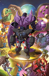 Rule 34 | 1girl, 6+boys, back-to-back, bat wings, beast wars, character request, cheetor, clenched hand, comic cover, commentary, cover, cover page, dinobot (beast wars), dyemooch, english commentary, flying, glowing, glowing eyes, heads together, highres, looking down, maximal, mecha, megatron, megatron (beast wars), multiple boys, no humans, official art, open hand, optimus primal, own hands together, predacon, rattrap, red eyes, rhinox, robot, scorponok, sharp teeth, standing, tarantulas, teeth, terrorsaur, textless version, transformers, visor, waspinator, wings, yellow eyes