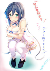 Rule 34 | 1girl, arms under breasts, bad id, bad pixiv id, bare arms, blue bow, blue footwear, blue hair, bow, breasts, bridal garter, cleavage, commentary request, detached collar, dress, embarrassed, frilled dress, frilled thighhighs, frills, full body, gold trim, green eyes, hair between eyes, hair bow, highres, low twintails, medium breasts, mother (pso2), neck ribbon, phantasy star, phantasy star online 2, pleated dress, pleated legwear, ribbon, short dress, short hair, short hair with long locks, sidelocks, skirt, solo, squatting, thighhighs, translation request, twintails, white dress, white thighhighs, yuano