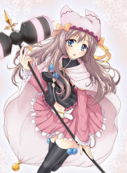 Rule 34 | 1girl, :o, belt, black shirt, black thighhighs, blush, bow, breasts, cloak, commentary request, eyebrows hidden by hair, eyelashes, eyes visible through hair, feet out of frame, fingernails, floating clothes, floating hair, frilled skirt, frilled sleeves, frills, grey background, hair between eyes, hammer, hand up, hat, hat bow, hat ribbon, highres, holding, holding hammer, karukan (karukann), light brown hair, long hair, long sleeves, looking at viewer, medium breasts, miniskirt, navel, open mouth, pink skirt, pleated skirt, ribbon, sanoba witch, shiiba tsumugi, shirt, simple background, skirt, solo, standing, standing on one leg, star (symbol), straight hair, striped clothes, striped thighhighs, thighhighs, vertical-striped clothes, vertical-striped thighhighs, very long hair, white belt, white cloak, white hat, witch, yellow bow, yellow ribbon, zettai ryouiki