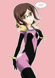 Rule 34 | 1girl, blush, bodysuit, brown eyes, brown hair, collarbone, cosplay, covering privates, covering ass, g gundam, glasses, gundam, gundam build fighters, hairband, hand on own ass, kousaka china, looking at viewer, mobile trace suit, open mouth, pink background, rain mikamura, rain mikamura (cosplay), semi-rimless eyewear, short hair, simple background, slowpit, solo, spoken blush