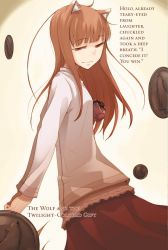 Rule 34 | 1girl, animal ears, ayakura juu, brown hair, character name, floating hair, grey shirt, holo, long hair, looking down, novel illustration, official art, pouch, red eyes, red skirt, shirt, skirt, smile, solo, spice and wolf, standing, tail, wolf ears, wolf tail