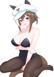 Rule 34 | 1girl, absurdres, animal ears, ass, bare shoulders, bent over, blue eyes, breasts, brown hair, cheval grand (umamusume), cleavage, commentary request, ear covers, hat, highres, horse ears, horse girl, horse tail, large breasts, looking at viewer, medium breasts, nontraditional playboy bunny, on ground, open mouth, pantyhose, peaked cap, pink background, seamed legwear, simple background, sitting, solo, sweat, table, tail, thighband pantyhose, tsubame tien, umamusume, wariza, white background, white hat