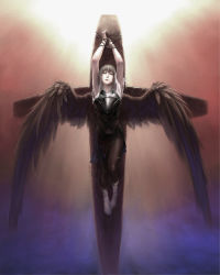 Rule 34 | 1girl, angel, armor, armpits, arms up, barbed wire, barefoot, blood, commentary, cross, crucifixion, dress, grey eyes, grey hair, jayun, long hair, original, pale skin, sad, solo, wings