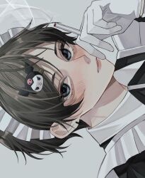 Rule 34 | 1boy, black hair, blue eyes, blush, cigarette, closed mouth, commentary, ear piercing, earrings, gloves, grey background, hair ornament, hairclip, highres, holding, holding cigarette, jewelry, looking at viewer, maid, maid headdress, male focus, mole, mole under eye, original, parted bangs, piercing, portrait, short hair, simple background, smile, smoke, solo, sosaku 25, white gloves
