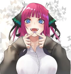 Rule 34 | 1girl, :d, absurdres, arms up, black cardigan, black ribbon, blue eyes, blunt bangs, blush, breasts, bug, butterfly, butterfly hair ornament, cardigan, collarbone, fingers together, go-toubun no hanayome, hair ornament, highres, insect, kesuno, large breasts, looking at viewer, multicolored nails, nail polish, nakano nino, open cardigan, open clothes, open mouth, partially unbuttoned, pink hair, ribbon, shirt, sleeves past wrists, smile, twintails, white shirt