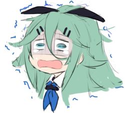 Rule 34 | 10s, 1girl, aqua eyes, atsushi (aaa-bbb), blue neckerchief, crying, crying with eyes open, green hair, hair between eyes, hair ornament, hair ribbon, hairclip, kantai collection, long hair, neckerchief, ponytail, ribbon, simple background, solo, tears, trembling, turn pale, white background, yamakaze (kancolle)