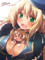 Rule 34 | &gt; &lt;, 10s, 2girls, :d, atago (kancolle), between breasts, blonde hair, blush, breasts, brown hair, chibi, dated, closed eyes, folded ponytail, gloves, green eyes, inazuma (kancolle), kantai collection, large breasts, long hair, military, military uniform, multiple girls, open mouth, pantyhose, school uniform, serafuku, signature, size difference, smile, uniform, yumi yumi