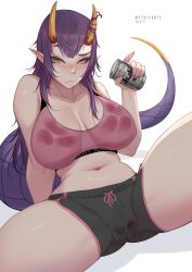Rule 34 | 1girl, absurdres, asahi breweries, beer can, blush, breasts, can, closed mouth, crop top, drink can, highres, holding, holding can, horns, indie virtual youtuber, large breasts, long hair, looking at viewer, myth1carts, navel, oni, oni horns, onigiri (vtuber) (6th costume), onigiri (vtuber), pink shirt, pointy ears, purple hair, shirt, shorts, simple background, sitting, solo, spread legs, tail, virtual youtuber, white background, yellow eyes