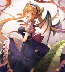 Rule 34 | 10s, 1girl, :d, blonde hair, blue dress, breasts, cowboy shot, dragon girl, dragon horns, dragon tail, dragon wings, dress, fang, frilled sleeves, frills, gloves, horns, kobayashi-san chi no maidragon, long hair, looking at viewer, looking back, maid, maid headdress, necktie, open mouth, puffy short sleeves, puffy sleeves, red necktie, sash, scales, short sleeves, skirt hold, slit pupils, smile, solo, tail, tohru (maidragon), twintails, very long hair, vetina, white gloves, wings, yellow eyes