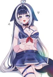 Rule 34 | 1girl, ahoge, black hair, blouse, blue skirt, blush, breasts, cetacean tail, chest tattoo, choker, cleavage, crop top, eyes visible through hair, fins, fish tail, ghostlymarchx, halterneck, hand on own stomach, heart, heart-shaped pupils, highres, indie virtual youtuber, large breasts, leg tattoo, long hair, multicolored hair, navel, off shoulder, open mouth, orca girl, pink eyes, revealing clothes, see-through, see-through shirt, shirt, shylily, shylily (1st costume), skirt, strapless, streaked hair, symbol-shaped pupils, tail, tattoo, thigh strap, tube top, virtual youtuber, white hair, white shirt