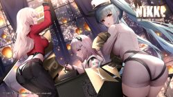 Rule 34 | 3girls, absurdres, admi (nikke), artist request, ass, ass focus, blue hair, breasts, brown eyes, butt crack, closed mouth, dress, fingerless gloves, fireworks, frown, garter straps, gloves, goddess of victory: nikke, happy new year, highres, korean commentary, large breasts, long hair, looking at viewer, looking back, multiple girls, new year, official art, open mouth, pants, privaty (nikke), shirt, sitting, teeth, thigh strap, twintails, underwear, white hair, yulha (nikke)