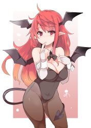 Rule 34 | 1girl, ahoge, bad id, bad pixiv id, bare shoulders, black leotard, black pantyhose, bow, bowtie, breasts, bridal gauntlets, cleavage, demon girl, demon tail, demon wings, detached collar, elbow gloves, female focus, finger in own mouth, gloves, head wings, highleg, highleg leotard, highres, hiruma andon, koakuma, large breasts, leotard, nontraditional playboy bunny, pantyhose, playboy bunny, pointy ears, red eyes, red hair, solo, tail, touhou, uneven eyes, wings, wrist cuffs