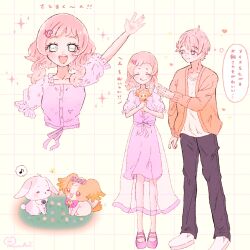 Rule 34 | animal, ballet slippers, cardigan, couple, dating, dog, dress, ears down, frilled shirt, frills, glasses, hair ornament, hairpin, heart, highres, holding, holding animal, holding dog, inukai iroha, inukai komugi, long sleeves, pants, patterned background, pink dress, precure, puppy, rabbit, ribbon, ruchii, shirt, skirt, speech bubble, toyama satoru, waving arms, waving hands, wonderful precure!