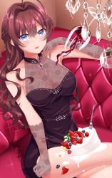 Rule 34 | 1girl, absurdres, black dress, blue eyes, blush, breasts, brown hair, cake, cleavage, commentary request, crazy crazy (idolmaster), crossed legs, cup, dress, drinking glass, fishnet gloves, fishnets, food, fruit, gloves, highres, himei asana, ichinose shiki, idolmaster, idolmaster cinderella girls, large breasts, lipstick, long hair, looking at viewer, makeup, pink lips, red wine, see-through, see-through cleavage, short dress, sitting, sleeveless, sleeveless dress, solo, spilling, strawberry, very long hair, wavy hair, wine glass