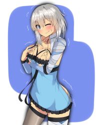 Rule 34 | 1girl, absurdres, alternate costume, asymmetrical legwear, bandages, blue dress, blue eyes, blush, breast hold, breasts, cleavage, commentary, cowboy shot, dress, frilled dress, frills, girls und panzer, grey thighhighs, highres, idol, itsumi erika, kshimu, long sleeves, looking at viewer, medium breasts, medium hair, microdress, one-hour drawing challenge, silver hair, solo, standing, sweatdrop, thighhighs, trembling, uneven legwear