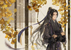 Rule 34 | 1girl, black hair, black hanfu, bow (weapon), brown eyes, chinese clothes, chinese commentary, closed mouth, crossed arms, erha he tadebai mao shizun, ginkgo tree, half updo, hanfu, high ponytail, jing shu, long hair, long sleeves, looking at viewer, official art, purple ribbon, ribbon, solo, weapon, weibo watermark, window blinds, ye wangxi