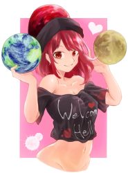 Rule 34 | 1girl, bare shoulders, black shirt, border, bottomless, breasts, cleavage, closed mouth, collarbone, commentary request, cowboy shot, crop top, cropped torso, earrings, earth (ornament), groin, gunsou1350, hands up, happy, heart, hecatia lapislazuli, highres, jewelry, long hair, looking at viewer, medium breasts, medium hair, midriff, moon (ornament), navel, off-shoulder shirt, off shoulder, out-of-frame censoring, outside border, pink background, red eyes, red hair, shirt, short sleeves, simple background, smile, solo, stomach, swept bangs, t-shirt, touhou, white border