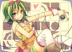 Rule 34 | 1girl, cable, goggles, goggles on head, green eyes, green hair, gumi, headphones, headphones around neck, kuroi (liar-player), matching hair/eyes, microphone, short hair, solo, thighhighs, vocaloid, wire