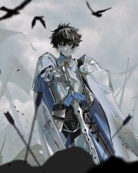 Rule 34 | 1boy, armor, battle, battlefield, bird, black hair, blue cape, blue eyes, blurry, cape, charlemagne (fate), corpse, cowboy shot, crow, cuirass, depth of field, dirty, dirty face, expressionless, fate/grand order, fate (series), gauntlets, hair between eyes, holding, holding sword, holding weapon, joyeuse ordre (fate), knight, looking at viewer, male focus, multicolored hair, pauldrons, plate armor, short hair, shoulder armor, ss un17, streaked hair, sword, two-sided cape, two-sided fabric, two-tone hair, weapon, white cape, white hair