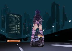 Rule 34 | 1girl, ass, back, backless outfit, building, butt crack, city lights, facing away, fingerless gloves, from behind, ghost in the shell, ghost in the shell stand alone complex, gloves, highleg, highleg leotard, honda, honda motocompo, jacket, kneepits, kusanagi motoko, lamppost, leotard, minibike, monkey bike, motor vehicle, motorcycle, night, outdoors, purple hair, road, sashizume soutarou, science fiction, skyscraper, solo, standing, thighhighs, thong leotard, tomboy