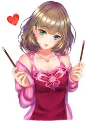 Rule 34 | 1girl, animal ears, blue eyes, blunt bangs, breasts, brown hair, cardigan, cat cutout, cat ears, cat lingerie, cat tail, choker, cinderella bust, cleavage, cleavage cutout, clothing cutout, collarbone, earrings, green eyes, green hair, head tilt, heart, heterochromia, highres, idolmaster, idolmaster cinderella girls, jewelry, long hair, long sleeves, looking at viewer, medium breasts, medium hair, meme attire, mole, mole under eye, necklace, nyome991, off shoulder, open cardigan, open clothes, open mouth, pink cardigan, red ribbon, red shirt, ribbon, ribbon choker, shirt, simple background, sleeveless, sleeveless shirt, small breasts, solo, tail, takagaki kaede, upper body, white background
