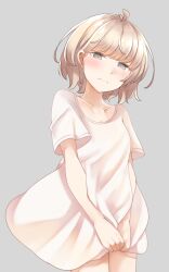 Rule 34 | 1girl, blush, breasts, brown eyes, brown hair, cleavage, closed mouth, collarbone, comah, dress, grey background, half-closed eyes, highres, original, short hair, short sleeves, simple background, small breasts, solo, white dress