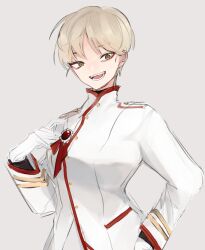 Rule 34 | 1girl, blonde hair, blue archive, breasts, closed mouth, grey background, jacket, large breasts, long sleeves, marina (blue archive), medal, military, military uniform, rassha (jgdc3548), short hair, simple background, sketch, smile, solo, uniform, white jacket, yellow eyes