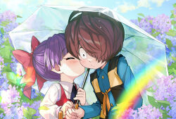 Rule 34 | 1boy, 1girl, aged down, blush, bow, brown hair, closed eyes, commentary request, day, flower, gegege no kitarou, hair bow, hair over one eye, highres, holding, holding hands, holding umbrella, kiss, kissing cheek, kitarou, nekomusume, nekomusume (gegege no kitarou 6), outdoors, purple hair, rainbow, short hair, silanduqiaocui, umbrella