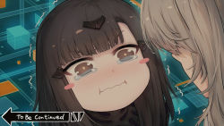 Rule 34 | 2girls, :i, absurdres, anna (girls&#039; frontline), black eyes, black hair, blush, blush stickers, closed mouth, commentary request, english text, girls&#039; frontline, grey hair, hair ornament, highres, kono subarashii sekai ni shukufuku wo!, long hair, meme, multiple girls, nyto (girls&#039; frontline), solo focus, tama yu, tears, thick eyebrows, to be continued, trembling, ump45 (girls&#039; frontline), v-shaped eyebrows, wavy mouth
