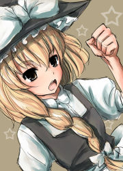 Rule 34 | 1girl, :o, black hat, black vest, blonde hair, bow, braid, brown background, brown eyes, clenched hand, dutch angle, eyebrows, female focus, flat chest, hair bow, hat, hat bow, kirisame marisa, long hair, mishima hiroji, open mouth, shirt, single braid, sketch, solo, star (symbol), touhou, upper body, vest, white bow, white shirt, witch hat