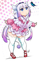 Rule 34 | 1girl, bayeuxman, blue eyes, blush, bug, butterfly, dress, flower, frilled dress, frills, full body, highres, horns, insect, kanna kamui, kobayashi-san chi no maidragon, long hair, long sleeves, monster girl, multicolored hair, parted lips, pink dress, polka dot, polka dot background, purple hair, red flower, shoes, sidelocks, solo, standing, tail, thick thighs, thighhighs, thighs, twintails, two-tone hair, white background, white thighhighs
