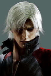 Rule 34 | 00s, 1boy, blue eyes, buckle, capcom, collar, dante (devil may cry), devil may cry, devil may cry (series), devil may cry 2, frown, grey background, jacket, male focus, photorealistic, realistic, serious, short hair, solo, upper body, white hair, zipper