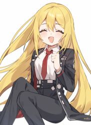 Rule 34 | 1girl, :d, ^ ^, artist name, black jacket, black pants, blonde hair, blush, closed eyes, collared shirt, don quixote (project moon), facing viewer, hair between eyes, hand up, high-waist pants, highres, jacket, knees together feet apart, knees up, korean commentary, limbus company, long hair, long sleeves, love mintchoco, necktie, open clothes, open jacket, open mouth, pants, project moon, red necktie, shirt, shirt tucked in, sidelocks, simple background, sitting, smile, solo, very long hair, white background, white shirt, wing collar