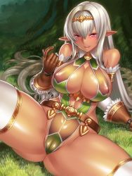 Rule 34 | 1girl, arm support, bad id, bad twitter id, bare shoulders, beckoning, belt, blush, breasts, cameltoe, choker, cleavage, come hither, covered erect nipples, dark-skinned female, dark elf, dark skin, elbow gloves, elf, fantasy, female focus, gloves, jewelry, large breasts, leotard, light smile, long hair, looking at viewer, lying, on back, original, parted lips, partially visible vulva, pink eyes, pointy ears, presenting, seductive smile, see-through, see-through leotard, sideboob, silver hair, smile, solo, spread legs, textless version, thighhighs, thighs, thong, thong leotard, tiara, tree, white thighhighs, yapo (croquis side)