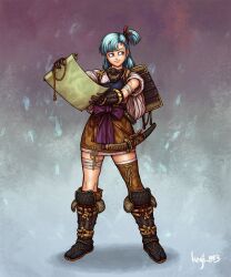 Rule 34 | 1girl, alternate costume, armor, artist name, asymmetrical legwear, bandaged arm, bandaged leg, bandages, blue eyes, blue hair, bulma, closed mouth, dragon ball, dragon ball (classic), facing viewer, gloves, guillem dauden, highres, holding, holding scroll, japanese armor, japanese clothes, kote, looking to the side, mask, mask around neck, medium bangs, mouth mask, muneate, samurai, sash, scroll, sheath, sheathed, shoulder armor, side ponytail, simple background, single sode, sleeves rolled up, smile, sode, solo, suneate, sword, tabi, waraji, weapon