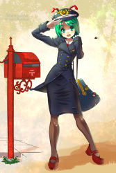 Rule 34 | 1girl, :d, alternate costume, antennae, ascot, bag, black pantyhose, breasts, character name, employee uniform, formal, green eyes, green hair, hat, jacket, long sleeves, looking at viewer, mailbox, mailman, mary janes, matching hair/eyes, open mouth, pantyhose, pencil skirt, red footwear, salute, shadow, shirt, shoes, shoulder bag, skirt, skirt set, skirt suit, small breasts, smile, solo, stuck, suit, thighhighs, touhou, umigarasu (kitsune1963), uniform, wriggle nightbug