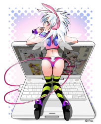 Rule 34 | android, animal ears, ass, bad id, bad pixiv id, computer, ibook, keyboard (computer), laptop, original, rabbit ears, red eyes, solo, teruchan, thighhighs, white hair, wings
