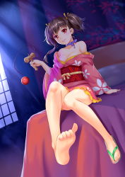 Rule 34 | 10s, 1girl, absurdres, bare shoulders, barefoot, breasts, brown hair, cleavage, feet, foot focus, highres, japanese clothes, kendama, kimono, koutetsujou no kabaneri, legs, long legs, looking at viewer, mumei (kabaneri), off shoulder, sandals, shoes, single shoe, sitting, smile, soles, solo, toes, two side up, yuj (moemarket)